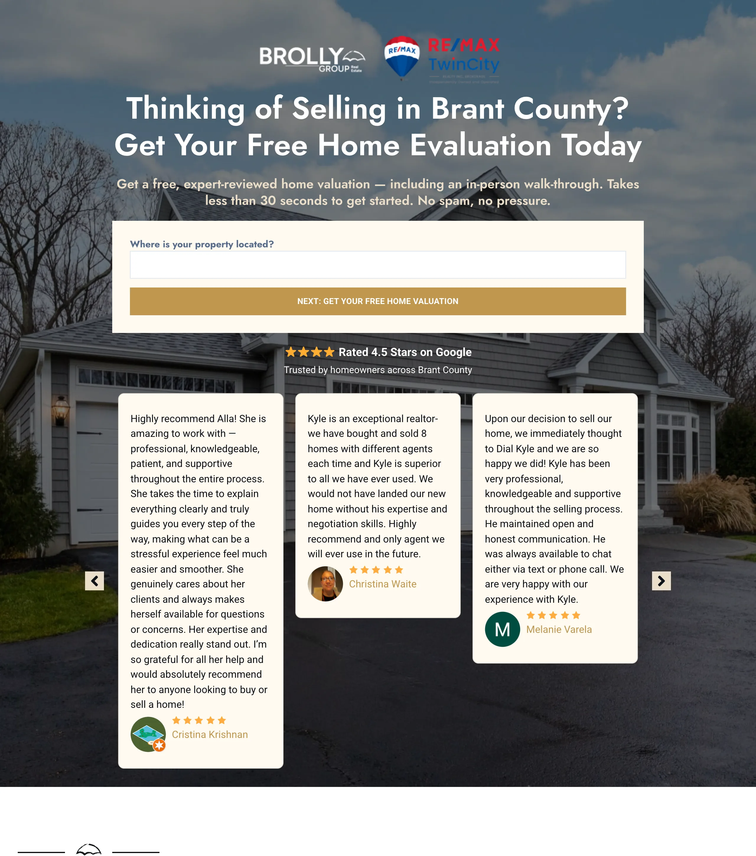 Brolly Group Real Estate's free home evaluation landing page