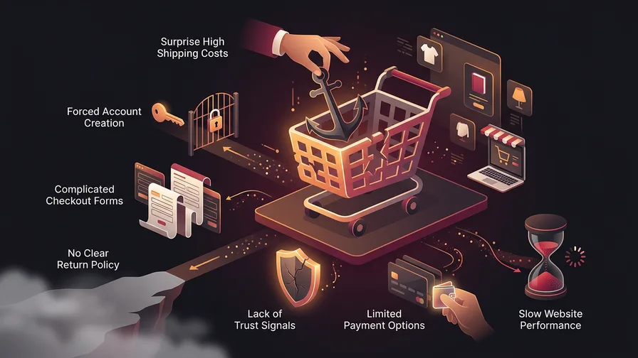 Illustration representing the 7 biggest checkout killers for small business e-commerce for e-commerce checkout optimization: why small businesses lose 70% of sales