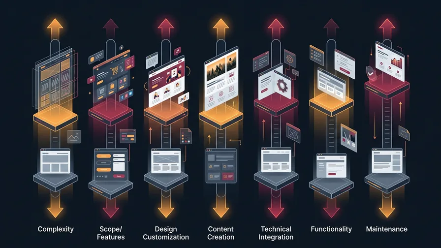 Illustration representing 7 factors that drive up (or down) website cost for how much does a law firm website cost? (complete pricing guide)