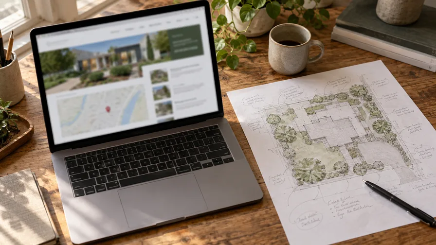 Laptop showing a local business website with an embedded map and service headings beside a printed site plan
