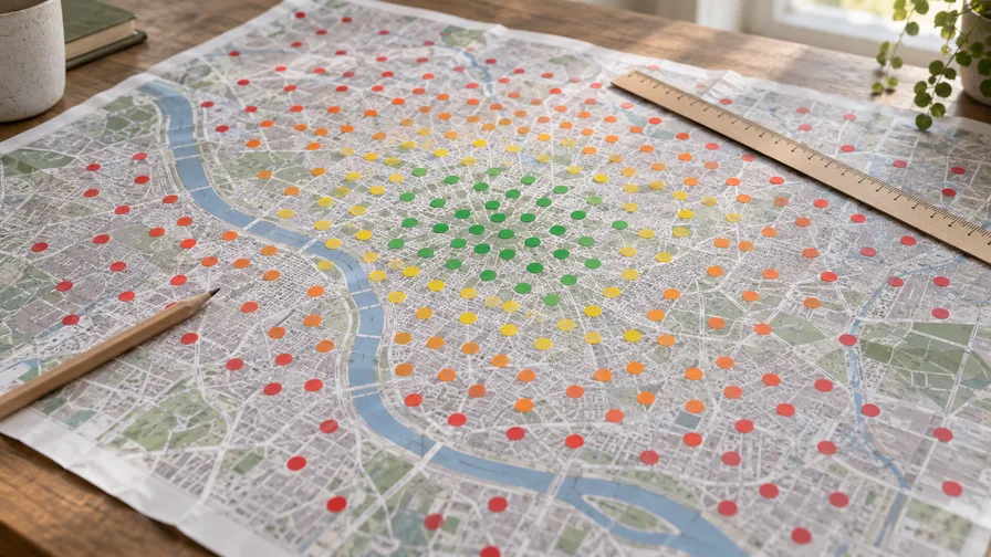 Paper city map covered in a grid of coloured dots, green in the centre fading to red at the edges, showing how map visibility drops with distance