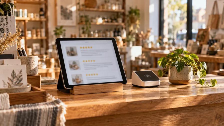 Tablet on a shop counter showing a business listing with star ratings and customer reviews
