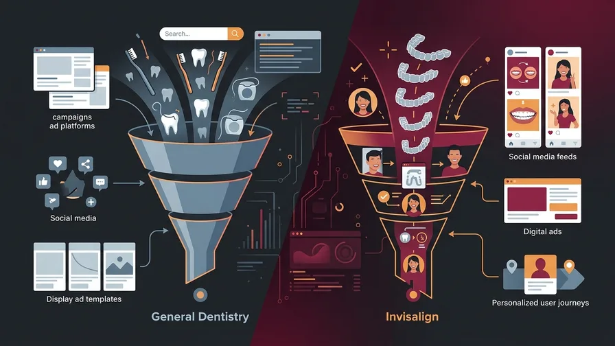 Illustration representing why invisalign is a different marketing problem than general dentistry for invisalign marketing for general dentists: building a real aligner pipeline