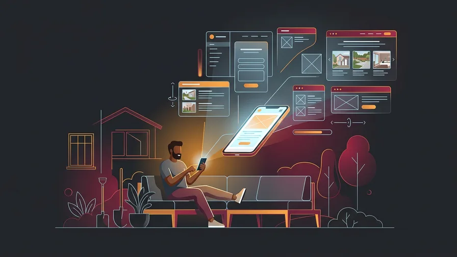 Illustration representing designing for mobile: homeowners are browsing from their yards for landscaping website design: your work is visual, your website should be too