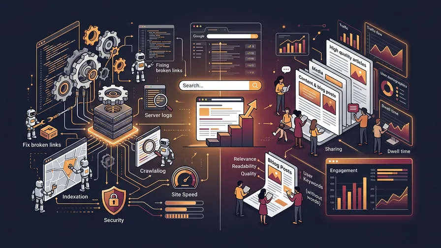 Illustration representing how does a technical seo audit differ from a content audit? for how to perform a technical seo audit for your website