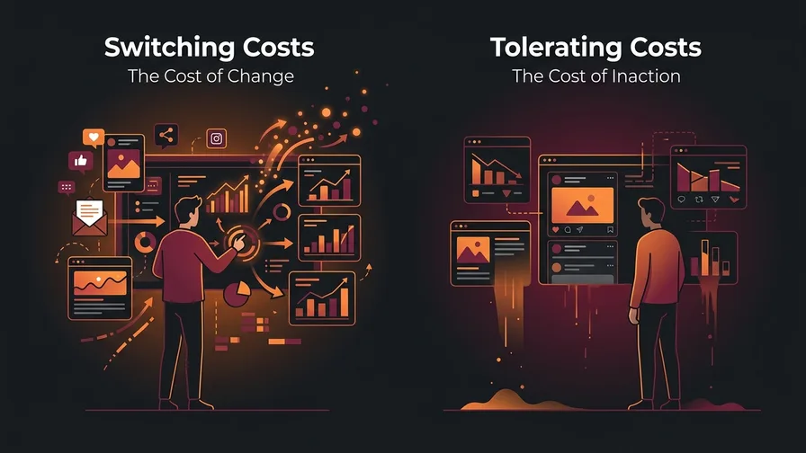 Illustration representing what switching costs you vs what tolerating costs you for why dentists switch marketing agencies (and when you actually should)