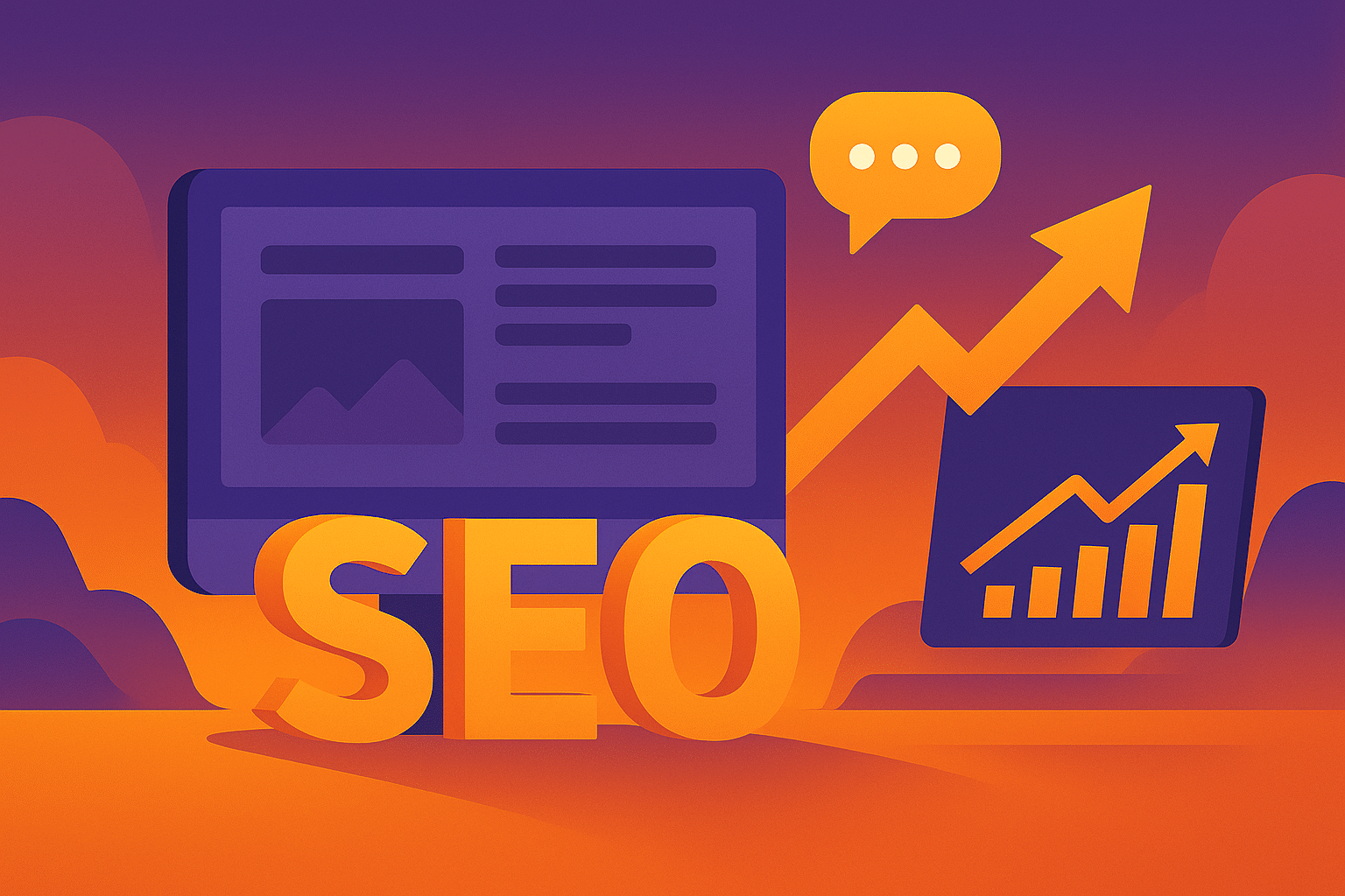Flat-style illustration showing SEO optimization with a website mockup, upward arrow, and growth chart for small business success
